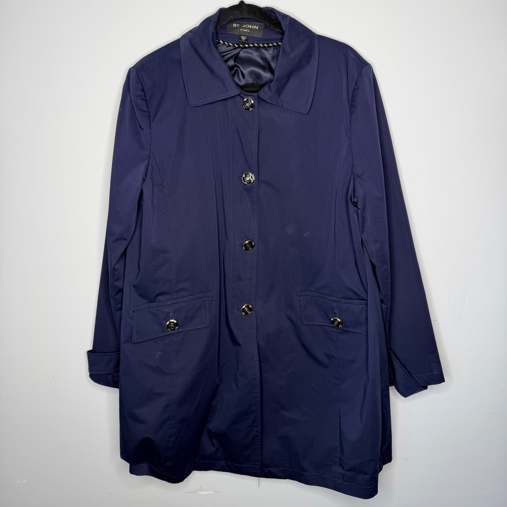 St. John Coats Womens Navy Blue Cotton‎ Blend Button Front Car Coat XL ST7MC162